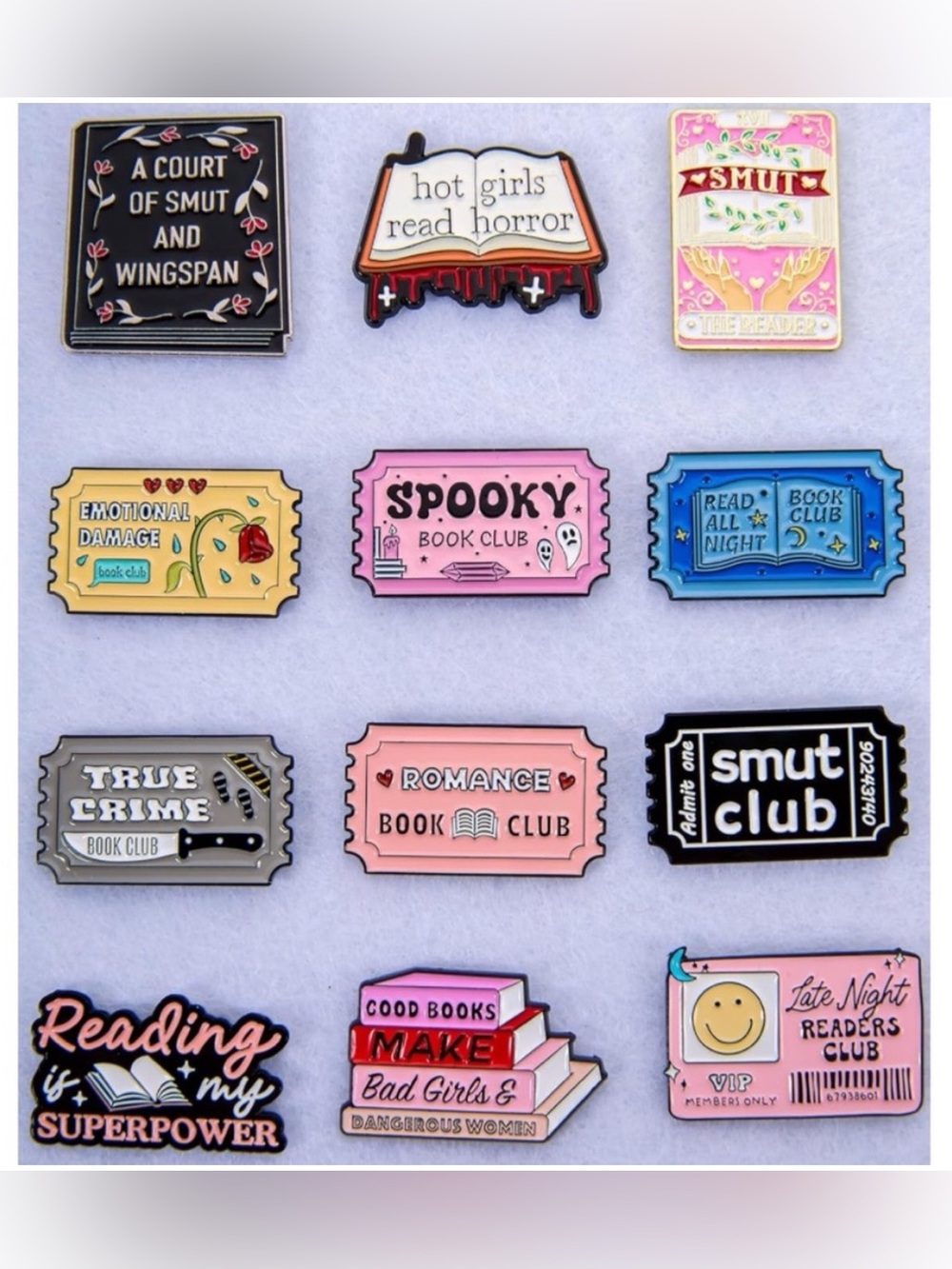 📚NEW Set of 12 Enamel Pins Books Literature Reading Smut Horror True Crime